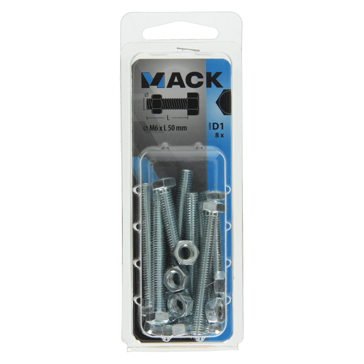 Afbeelding laden in galerijviewer, Mack 1017609 - tapbout + moer staal verzinkt 8 st m6 x 50 mm | 5 stuks
