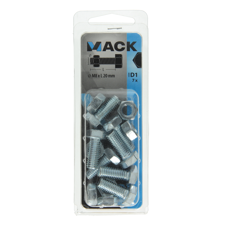 Afbeelding laden in galerijviewer, Mack 1017612 - tapbout + moer staal verzinkt 7 st m8 x 20 mm | 10 stuks
