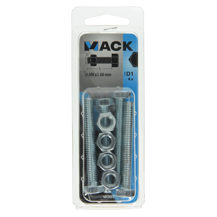 Afbeelding laden in galerijviewer, Mack 1017617 - tapbout + moer staal verzinkt 4 st m8 x 60 mm | 10 stuks
