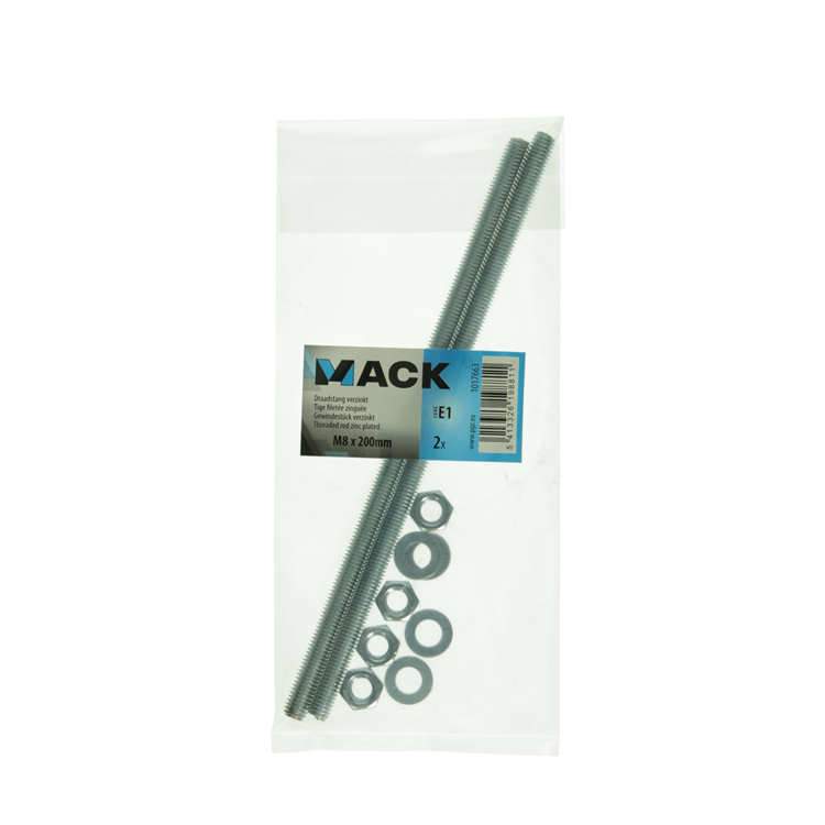Afbeelding laden in galerijviewer, Mack 1017663 - draadeinde + sluitring + moer verz. 2st m8 x 200 mm | 5 stuks
