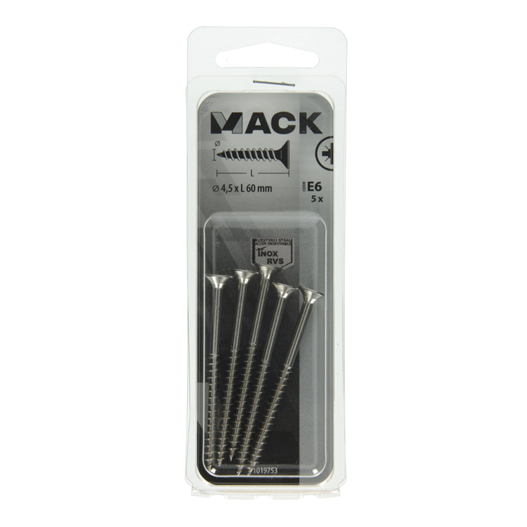 Load image into Gallery viewer, Mack 1019753 - spaanplaatschroef vz kop rvs 5 st 4,5 x 60 mm | 10 stuks
