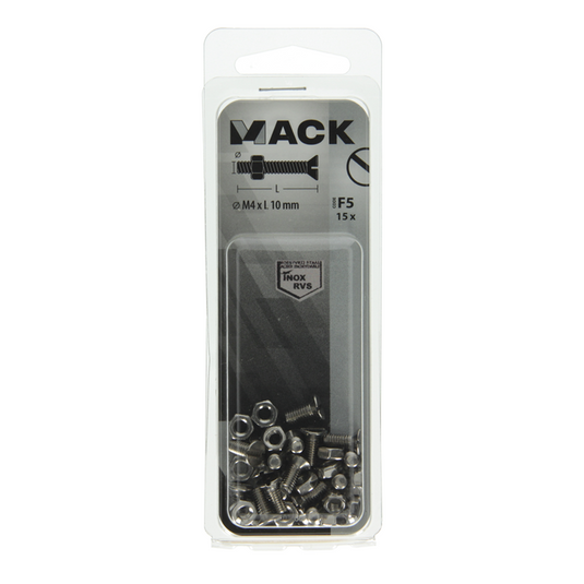 Mack 1019804 - metaalschroef verz. kop + moer rvs 15 st m4x10 | 10 stuks