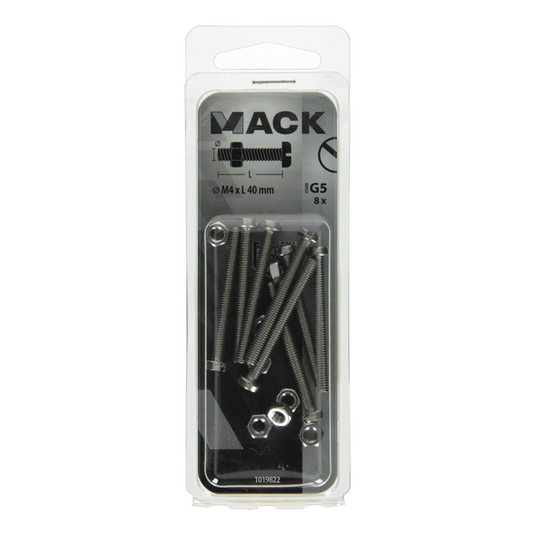 Mack 1019822 - metaalschroef cyl. kop + moer rvs 8 st m4x40 | 10 stuks