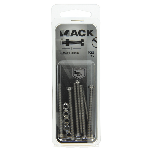 Mack 1019823 - metaalschroef cyl. kop + moer rvs 7 st m4x50 | 10 stuks