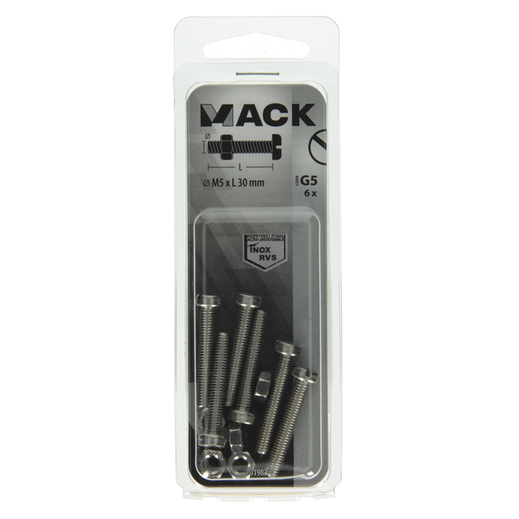 Load image into Gallery viewer, Mack 1019826 - metaalschroef cyl. kop + moer rvs 6 st m5x30 | 10 stuks

