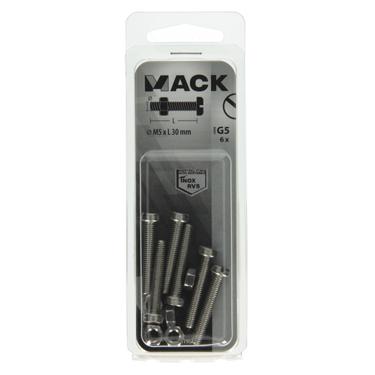 Mack 1019826 - metaalschroef cyl. kop + moer rvs 6 st m5x30 | 10 stuks