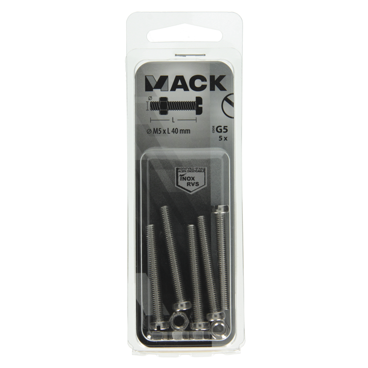 Afbeelding laden in galerijviewer, Mack 1019827 - metaalschroef cyl. kop + moer rvs 5 st m5x40 | 10 stuks
