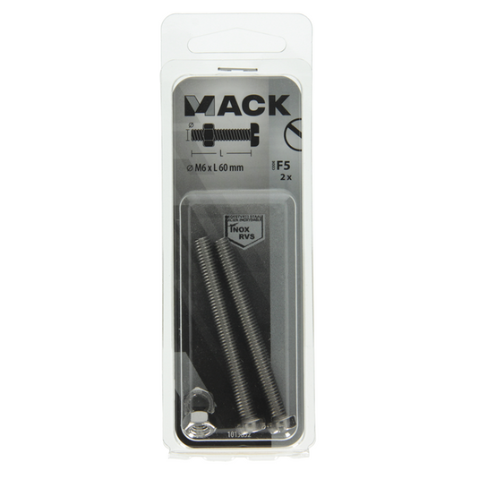 Mack 1019832 - metaalschroef cyl. kop + moer rvs 2 st m6x60 | 10 stuks