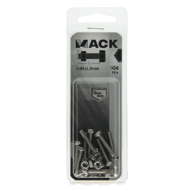 Load image into Gallery viewer, Mack 1019836 - tapbout + moer roestvrijstaal 10 st m4x20 | 10 stuks
