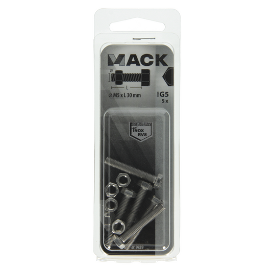 Mack 1019839 - tapbout + moer roestvrijstaal 5 st m5x30 | 10 stuks