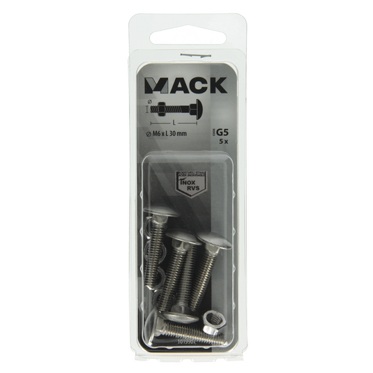 Mack 1019907 - houtbout + moer roestvrijstaal 5 st m6x30 mm | 10 stuks