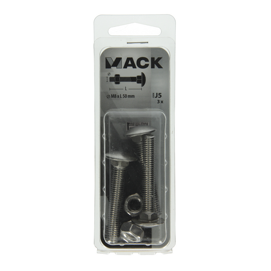 Mack 1019916 - houtbout + moer roestvrijstaal 3 st m8 x 50 mm | 5 stuks