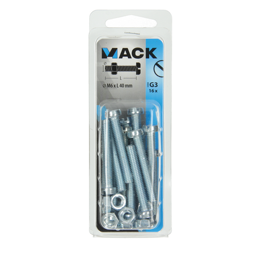 Mack 1018097 - metaalschroef cyl. kop + moer verz. 16 st m6 x 40 mm | 5 stuks