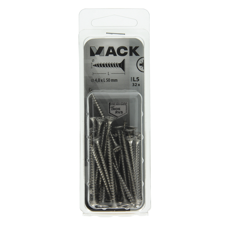 Load image into Gallery viewer, Mack 1019992 - spaanplaatschroef vz kop rvs 32 st 4,0 x 50 mm | 5 stuks
