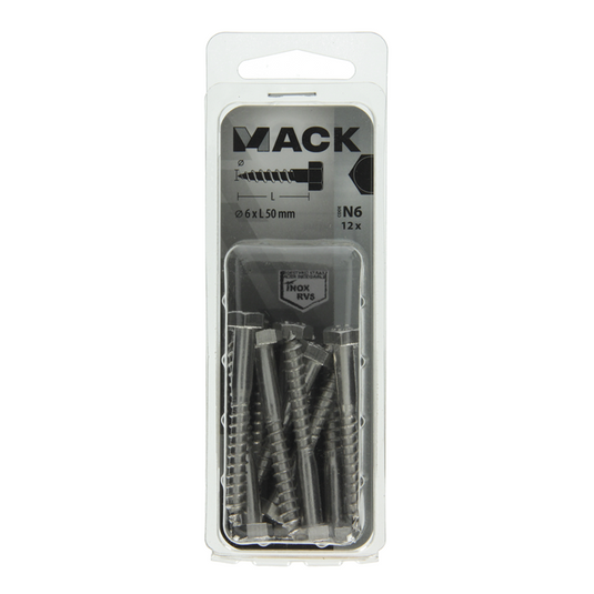 Mack 1020009 - houtdraadbout roestvrijstaal 12 st 6 x 50 mm | 5 stuks