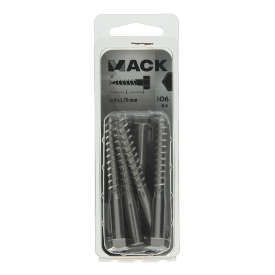 Mack 1020014 - houtdraadbout roestvrijstaal 6 st 8 x 70 mm | 5 stuks