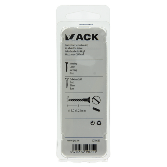 Mack 1019649 - houtschroef verzonken kop messing 11st 3,0 x 25 mm | 10 stuks