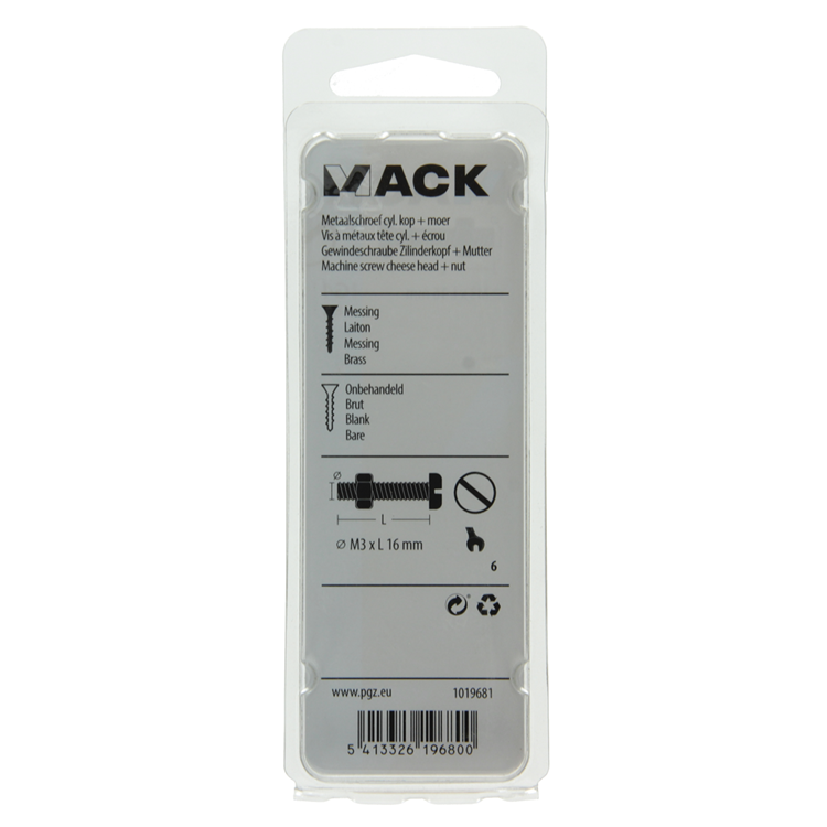 Load image into Gallery viewer, Mack 1019681 - metaalschroef cyl.kop + moer messing 8st m3 x 16 mm | 10 stuks
