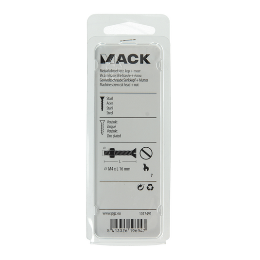 Mack 1017491 - metaalschroef verz. kop + moer verz. 20st m4 x 16 mm | 10 stuks