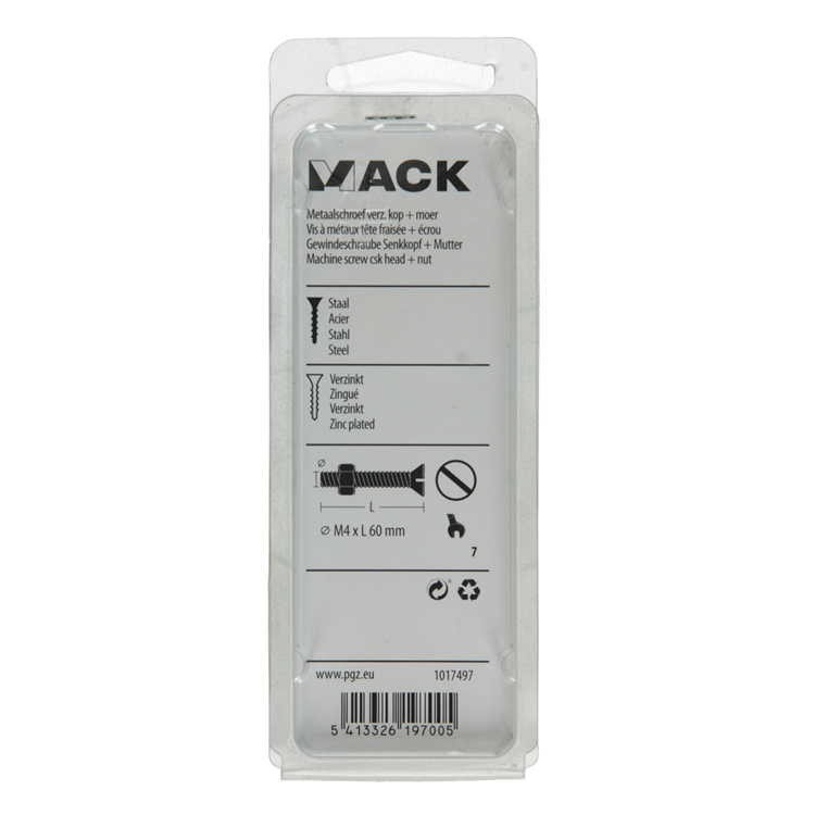 Afbeelding laden in galerijviewer, Mack 1017497 - metaalschroef verz. kop + moer verz. 6 st m4 x 60 mm | 10 stuks
