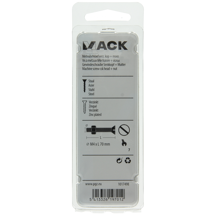 Afbeelding laden in galerijviewer, Mack 1017498 - metaalschroef verz. kop + moer verz. 4 st m4 x 70 mm | 10 stuks
