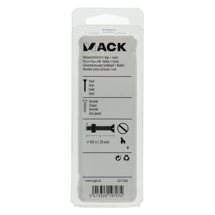 Afbeelding laden in galerijviewer, Mack 1017504 - metaalschroef verz. kop + moer verz. 8 st m5 x 50 mm | 10 stuks
