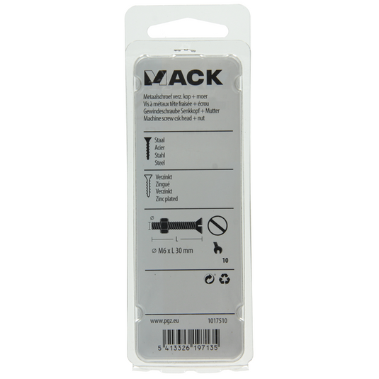 Mack 1017510 - metaalschroef verz. kop + moer verz. 8 st m6 x 30 mm | 10 stuks