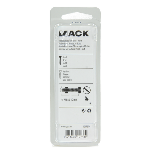Mack 1017514 - metaalschroef cyl. kop + moer verz. 30 st m3 x 10 mm | 10 stuks