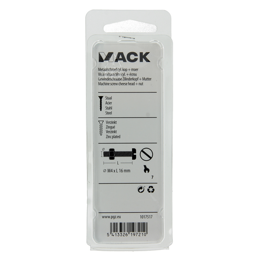 Mack 1017517 - metaalschroef cyl. kop + moer verz. 20 st m4 x 16 mm | 10 stuks