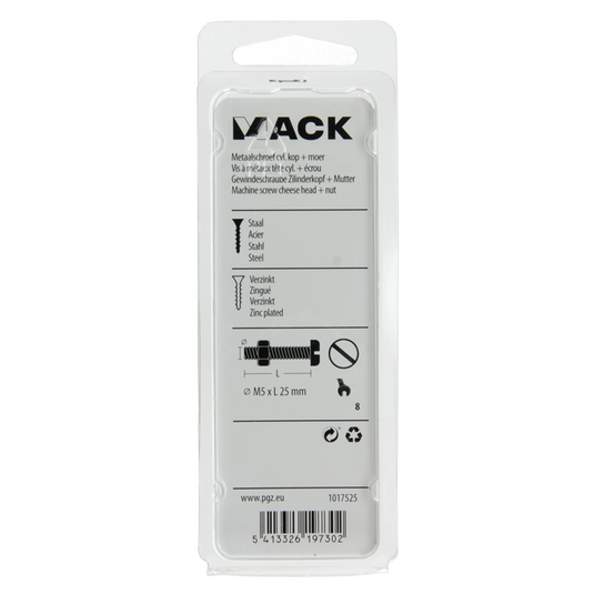 Mack 1017525 - metaalschroef cyl. kop + moer verz. 14 st m5 x 25 mm | 10 stuks