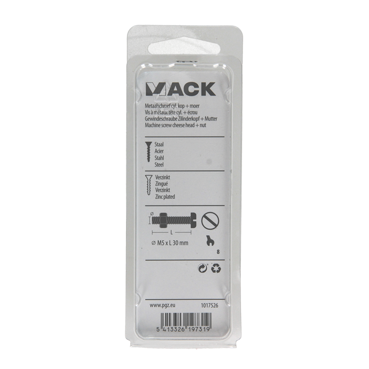 Load image into Gallery viewer, Mack 1017526 - metaalschroef cyl. kop + moer verz. 13 st m5 x 30 mm | 10 stuks
