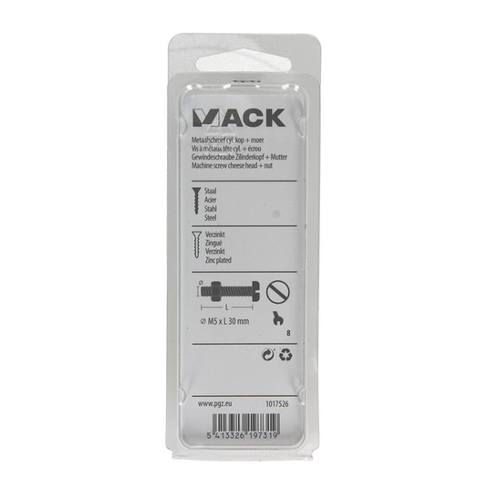 Mack 1017526 - metaalschroef cyl. kop + moer verz. 13 st m5 x 30 mm | 10 stuks