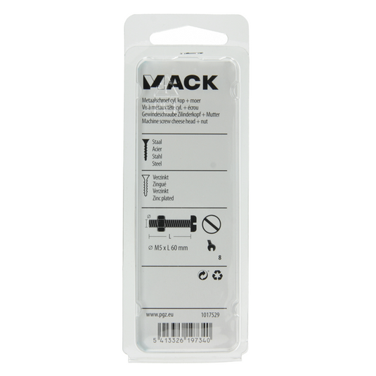 Mack 1017529 - metaalschroef cyl. kop + moer verz. 6 st m5 x 60 mm | 10 stuks