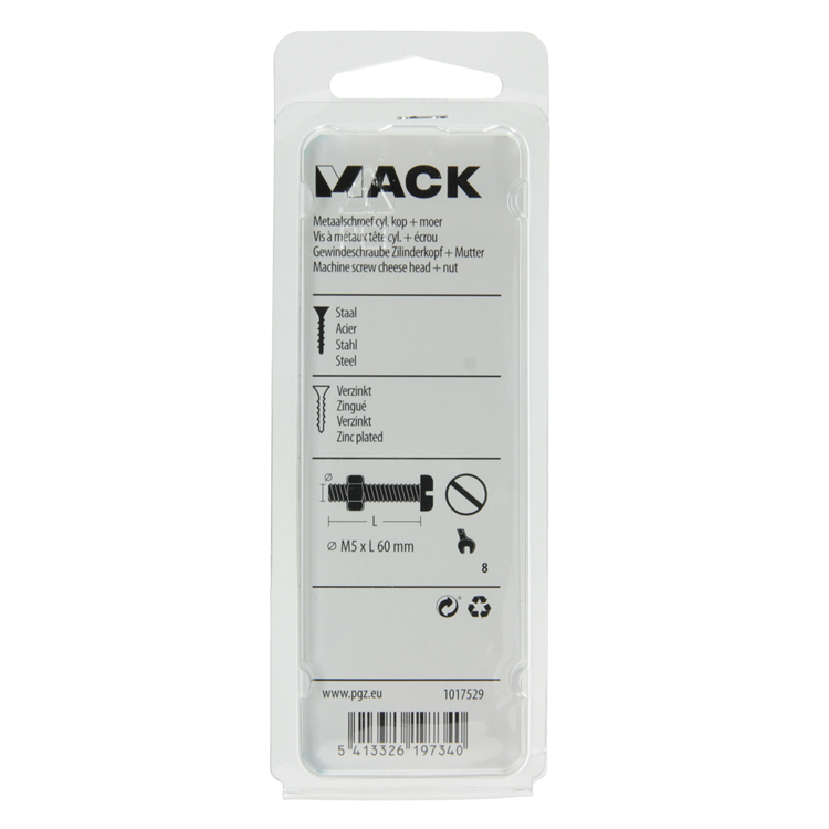 Load image into Gallery viewer, Mack 1017529 - metaalschroef cyl. kop + moer verz. 6 st m5 x 60 mm | 10 stuks
