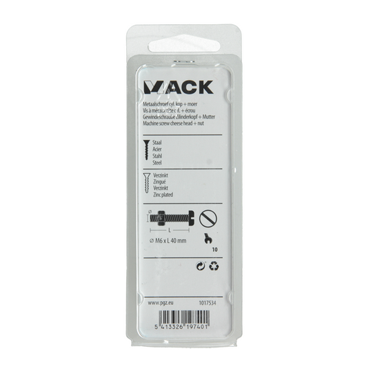 Mack 1017534 - metaalschroef cyl. kop + moer verz. 6 st m6 x 40 mm | 10 stuks