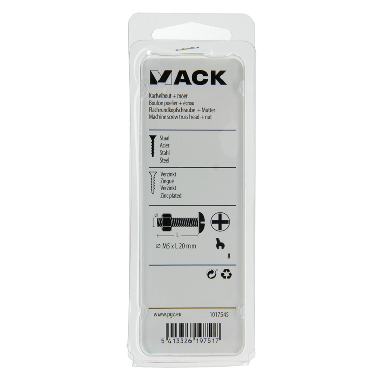 Afbeelding laden in galerijviewer, Mack 1017545 - kachelbout + moer staal verzinkt 15 st m5 x 20 mm | 10 stuks
