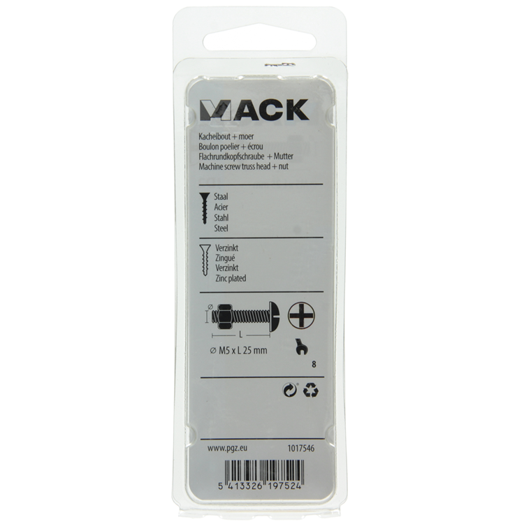 Afbeelding laden in galerijviewer, Mack 1017546 - kachelbout + moer staal verzinkt 14 st m5 x 25 mm | 5 stuks
