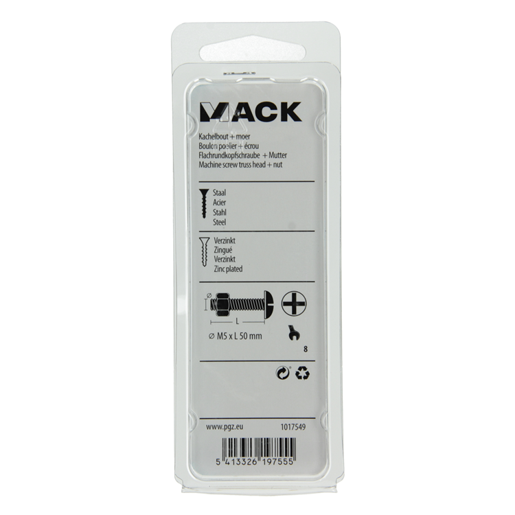 Afbeelding laden in galerijviewer, Mack 1017549 - kachelbout + moer staal verzinkt 8 st m5 x 50 mm | 5 stuks
