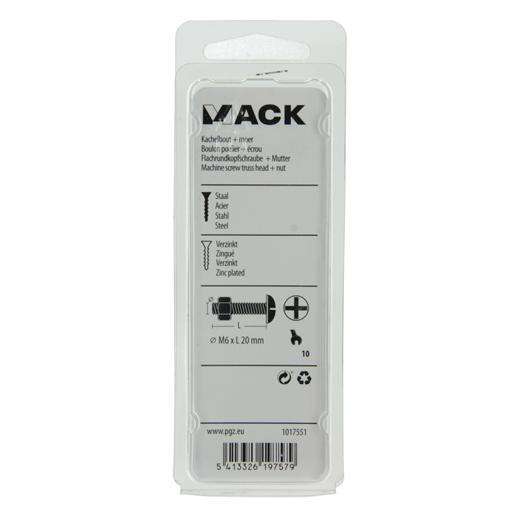 Afbeelding laden in galerijviewer, Mack 1017551 - kachelbout + moer staal verzinkt 9 st m6 x 20 mm | 5 stuks
