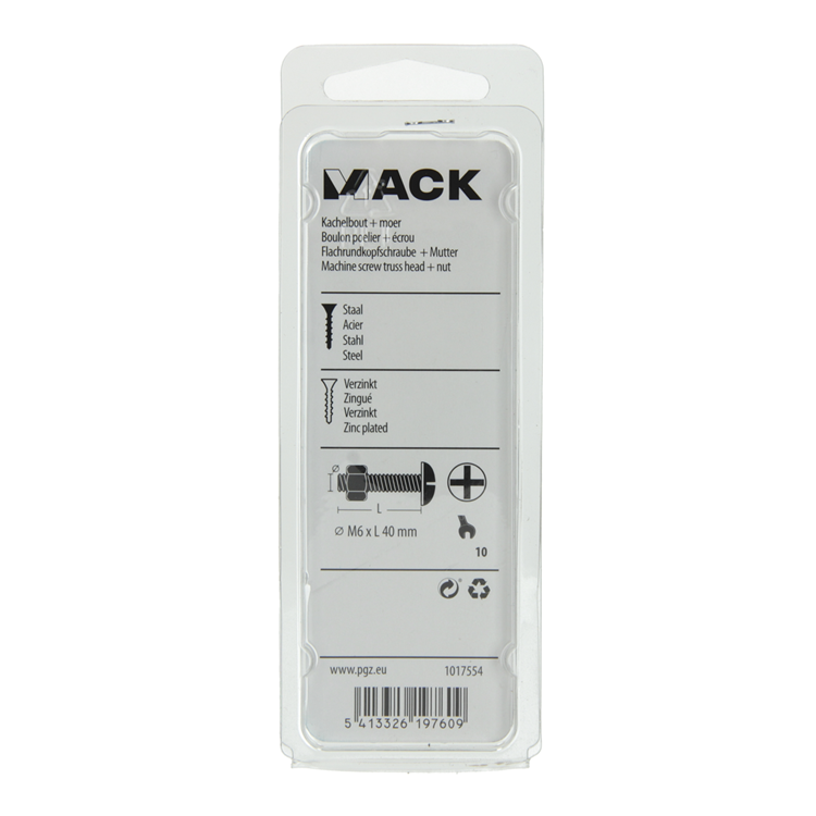 Afbeelding laden in galerijviewer, Mack 1017554 - kachelbout + moer staal verzinkt 7 st m6 x 40 mm | 5 stuks
