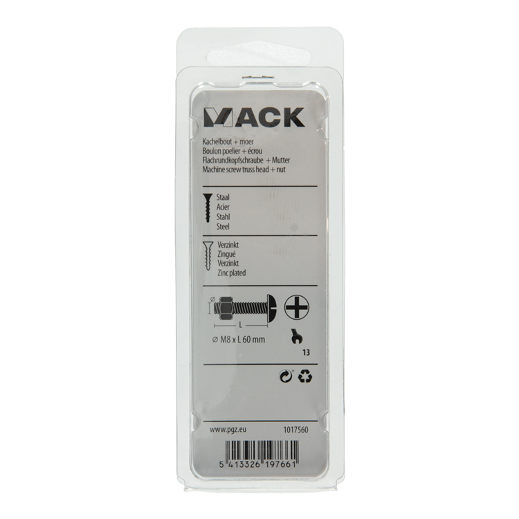 Afbeelding laden in galerijviewer, Mack 1017560 - kachelbout + moer staal verzinkt 4 st m8 x 60 mm | 5 stuks
