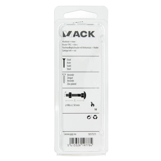 Mack 1017571 - houtbout + moer staal verzinkt7 st m6 x 50 mm | 5 stuks