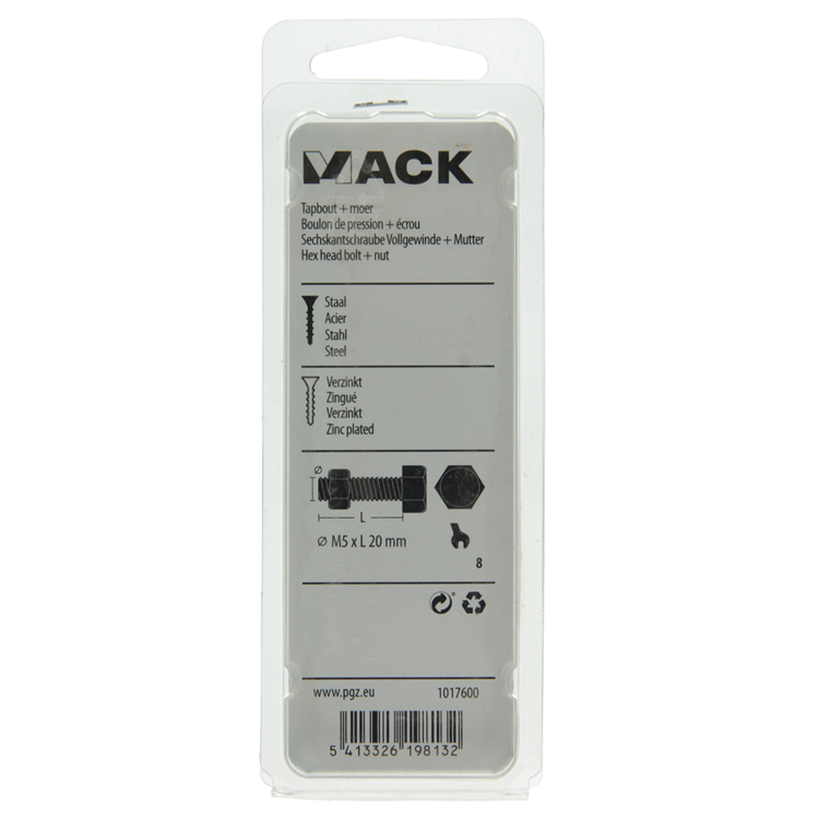 Afbeelding laden in galerijviewer, Mack 1017600 - tapbout + moer staal verzinkt 14 st m5 x 20 mm | 10 stuks
