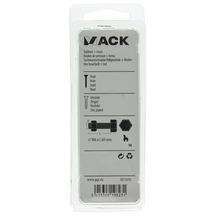 Afbeelding laden in galerijviewer, Mack 1017610 - tapbout + moer staal verzinkt 7 st m6 x 60 mm | 10 stuks
