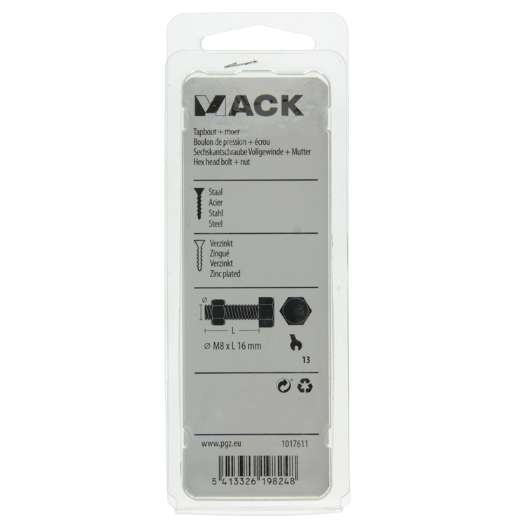Afbeelding laden in galerijviewer, Mack 1017611 - tapbout + moer staal verzinkt 8 st m8 x 16 mm | 10 stuks
