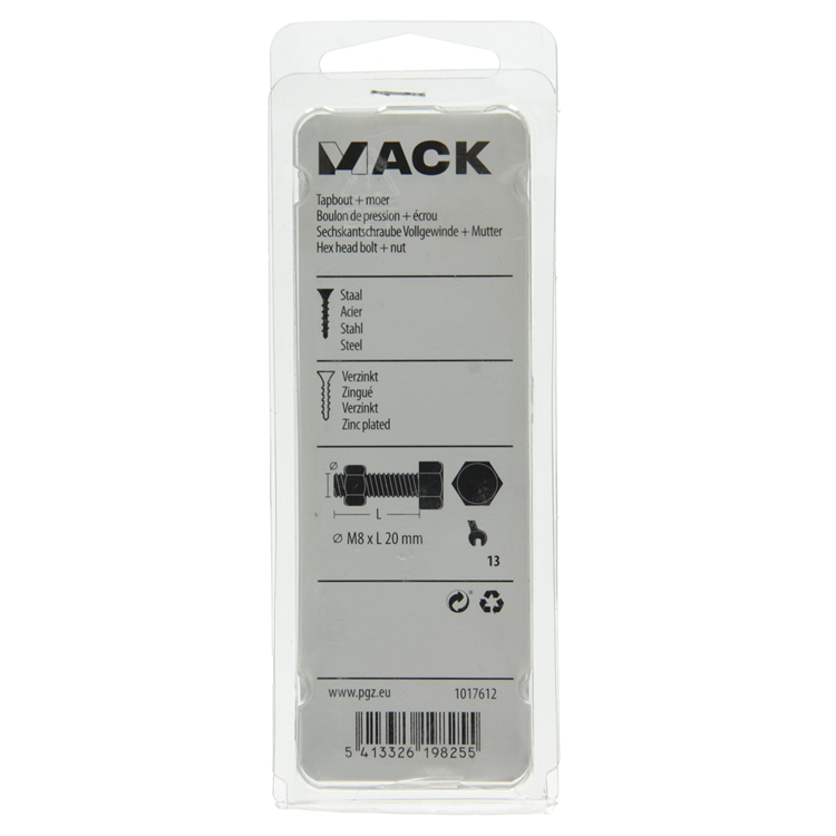 Afbeelding laden in galerijviewer, Mack 1017612 - tapbout + moer staal verzinkt 7 st m8 x 20 mm | 10 stuks
