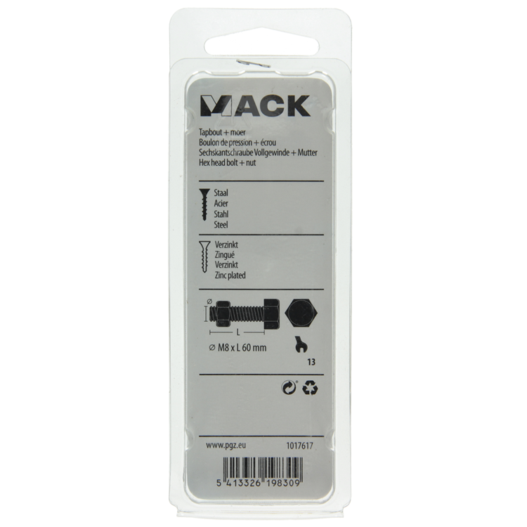 Afbeelding laden in galerijviewer, Mack 1017617 - tapbout + moer staal verzinkt 4 st m8 x 60 mm | 10 stuks

