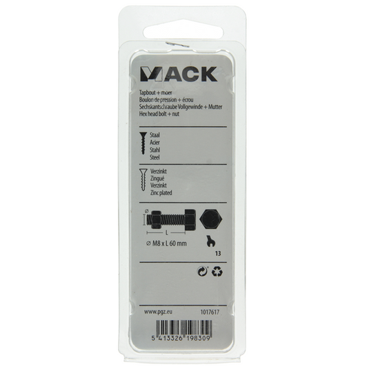 Mack 1017617 - tapbout + moer staal verzinkt 4 st m8 x 60 mm | 10 stuks