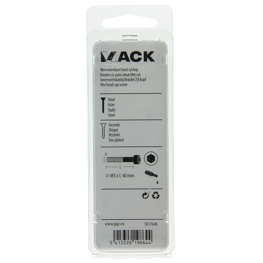 Mack 1017648 - binnenzeskant bout cyl.kop verz. 7 st m5 x 40 mm | 10 stuks