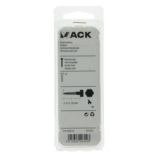 Mack 1019763 - houtdraadbout roestvrijstaal 5 st 6 x 30 mm | 10 stuks